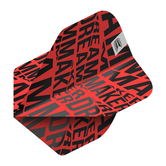 TG82_336580_Target_Pro_Ultra_Dimitri_Van_Den_Bergh_Red_No2_Standard_Flights_2 Das Bild zeigt einen roten Dartflight mit dem Schriftzug "DREAMMAKER" in schwarzen Buchstaben. In der oberen Ecke befindet sich ein kleines silbernes Logo.