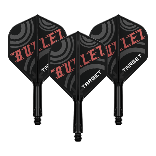 Target K-Flex Stephen Bunting No2 Standaard Vlucht Shaft Systeem Bild zeigt ein Dart-Flight Set mit der Bezeichnung 'Target K-Flex Stephen Bunting No2 Standard Flights 19mm 1Set'. Es ist ein Zubehör für Dartscheiben und Spieler.