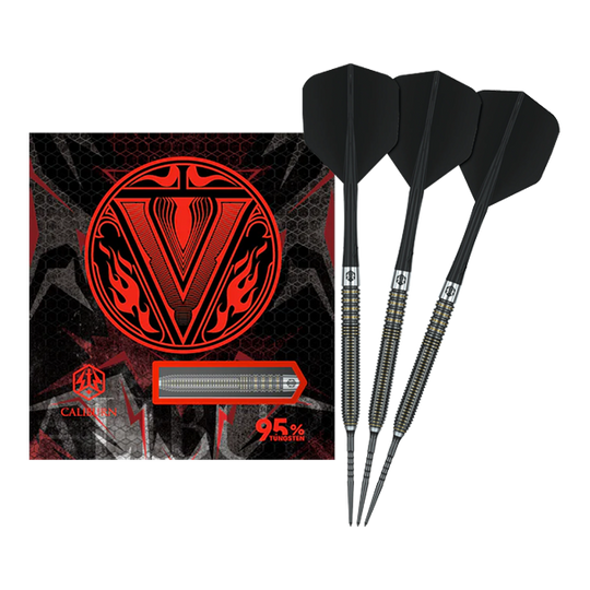 Caliburn V-Series V2 stalen darts Das Bild zeigt Caliburn V-Series V2 Steeldarts in voller Ansicht. Diese Steeldarts eignen sich für ambitionierte Spieler.