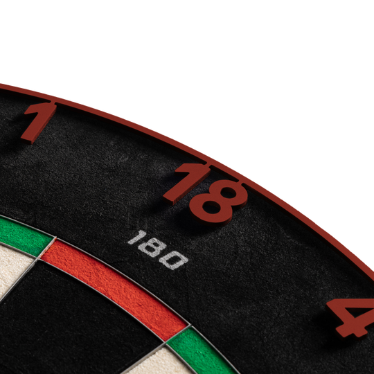 Precise 180 Endorphine Steel Dartbord met genummerde ring - Vervaagd rood Gezeigt wird das Precise 180 Endorphine Steeldartboard mit Nummernring in Faded Red. Das Bild beschreibt das Produkt für den Dartbereich.