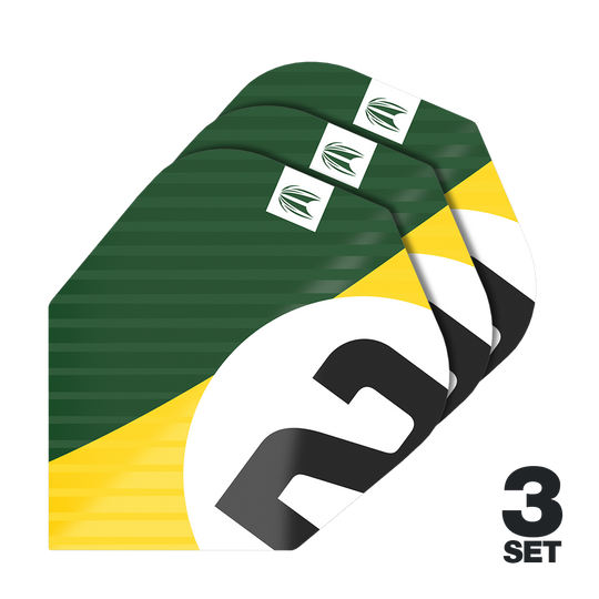 Target Pro Ultra Chicane Groen No6 Flights - 3 sets Das Bild zeigt drei Sätze der Target Pro Ultra Chicane Green No6 Flights. Die Flights sind in den Farben Grün, Gelb, Weiß und Schwarz gestaltet.