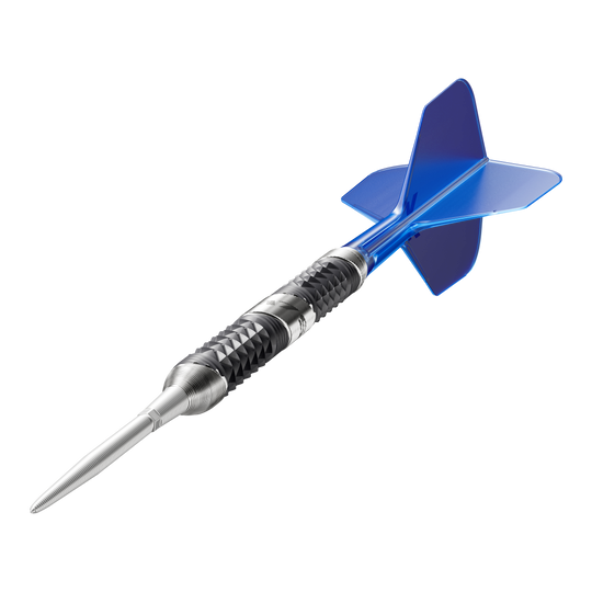 Dies ist ein moderner Dartpfeil mit einer silbernen Spitze und einem schwarzen, strukturierten Griff. Die Flügel am Ende sind leuchtend blau.