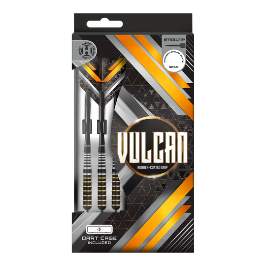 Harrows Vulcan stalen darts Das Bild zeigt Harrows Vulcan Steeldarts. Die hochwertige Verarbeitung ist deutlich sichtbar.