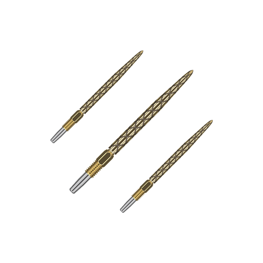 Target Swiss Diamond Pro Gold dartpunten Das Bild zeigt drei goldfarbene Dartspitzen mit einem rautenförmigen Muster. Sie liegen nebeneinander auf einem grünen Hintergrund.