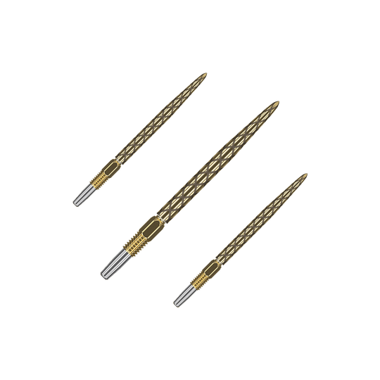 Target Swiss Diamond Pro Gold dartpunten Goldene Dartspitzen mit matter Struktur liegen nebeneinander. Das Set ist auf einem hellen Hintergrund platziert.