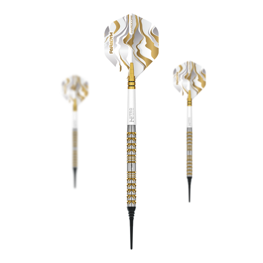 Red Dragon Paradym Gold Parallel Softdarts - 20g Abgebildet ist ein Set der Red Dragon Paradym Gold Parallel Softdarts - 20g. Das Set besteht aus mehreren goldenen Darts.