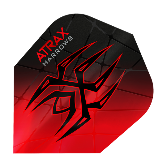 Harrow's Atrax Prime No6-vluchten Das Bild zeigt das Produkt "Harrows Atrax Prime No6 Flights" in rot und schwarz. Ein auffälliges Tribal-Muster und die Markenaufschrift sind auf der Dart-Flugfläche zu sehen.