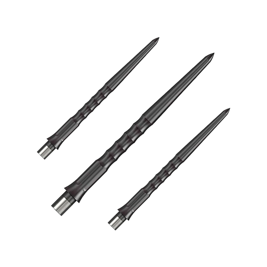 Caliburn System Steeldart Tips - Ripple - NoLip - Zwart Das Bild zeigt drei schwarze Steeldartspitzen mit einer gerippten Oberfläche. Die Spitzen sind schlank und haben eine Länge von 32 mm.