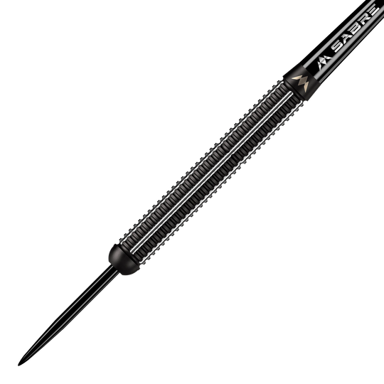 Das Bild zeigt einen Mission Thomas Banks Black PVD Steeldart mit 24 Gramm Gewicht. Der Dart hat ein elegantes, schwarzes Design mit silbernen Rillen am Barrel.