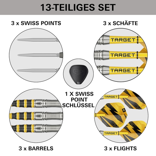 Target Buzz 03 Swiss Points stalen dartpijlen Auf diesem Bild sieht man die Target Buzz 03 Swiss Points Steeldarts. Sie sind für ambitionierte Dartspieler geeignet.