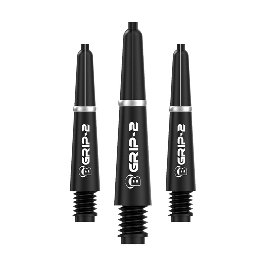 Das Bild zeigt drei schwarze Bulls B-Grip-2 SL Shafts für Dartpfeile. Sie sind schlank designt und haben weiße Schriftzüge auf der Vorderseite.