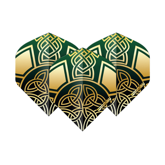 Winmau Prism Delta Brendan Dolan Celtic Knot Black Gold No2 Standaardvluchten Zu sehen sind die Winmau Prism Delta Brendan Dolan Celtic Knot Black Gold No2 Standard Flights. Diese Darts-Flights haben ein schwarzes und goldenes keltisches Knoten-Design.