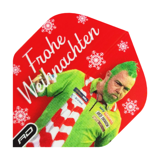 Gezeigt werden die Red Dragon Peter Wright Grinch Standard Weihnachtsflights. Diese Flights sind ein schönes Zubehör für Dartspieler in der Weihnachtszeit.
