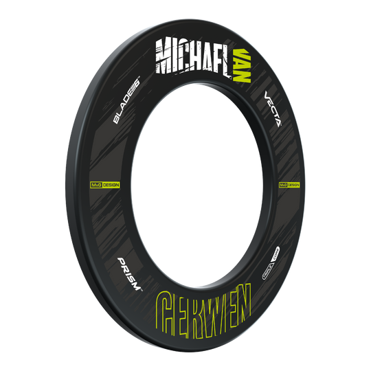 Das Bild zeigt den "Winmau MvG Retro Design Dartboard Surround". Die Umrandung ist schwarz mit gelb-weißen Schriftzügen, unter anderem "Michael van Gerwen".