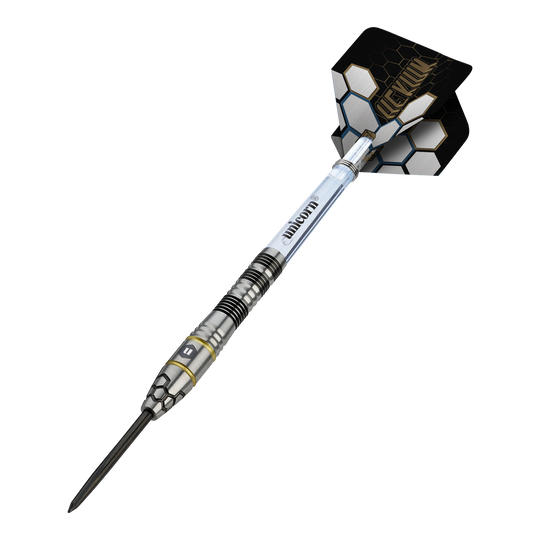 Unicorn Hexium Style 01 Zwart & Goud Steeldarts Hier sieht man die Unicorn Hexium Style 01 Black & Gold Steeldarts. Die Darts haben eine Kombination aus schwarzen und goldenen Elementen.