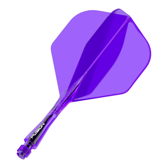 Auf dem Bild ist ein lila Dart-Flight mit Shaft zu sehen. Das Bauteil ist transparent und hat eine Standardform.