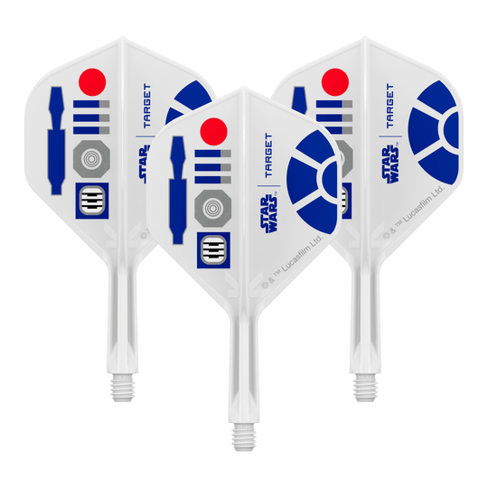 Target Star Wars K-Flex R2D2 No2 Standaardvluchten Bild eines Dart-Zubehörteils, vermutlich Dart Flights. Das Produkt ist anhand des Dateinamens als Target Star Wars KFlex R2D2 No2 Standard Flights Short 19mm erkennbar.