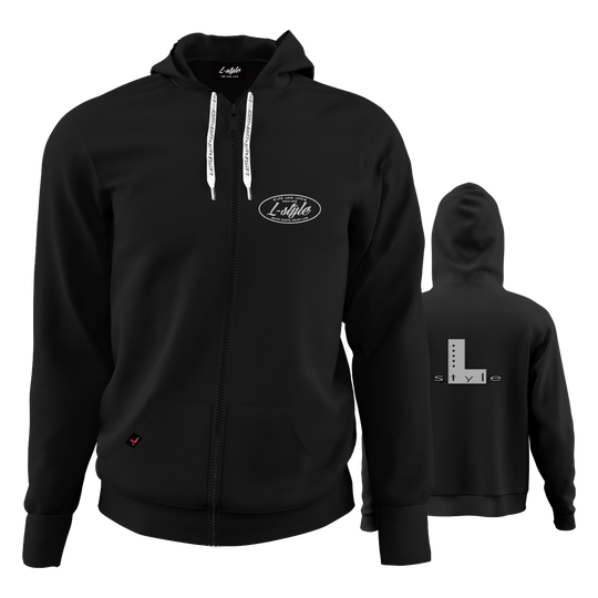 L-Style hoodie - zwart Der "L-Style Hoodie - Schwarz" ist ein schwarzer Kapuzenpulli mit Reißverschluss und weißen Kordeln. Auf der Vorderseite befindet sich ein kleines "L-Style"-Logo, während auf der Rückseite ein großes "L style"-Design zu sehen ist.