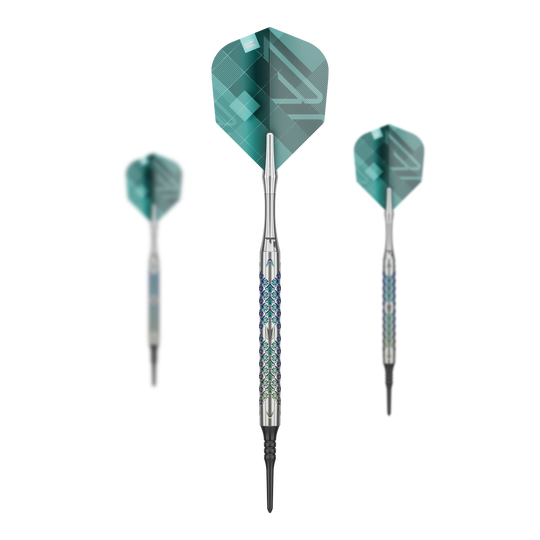 Target Rove 10 zachte darts Das Bild zeigt drei Softdarts des Modells "Target Rove 10" mit silbernen Schäften und grünen Flights. Die Darts sind elegant gestaltet und stehen vor einem schwarzen Hintergrund.