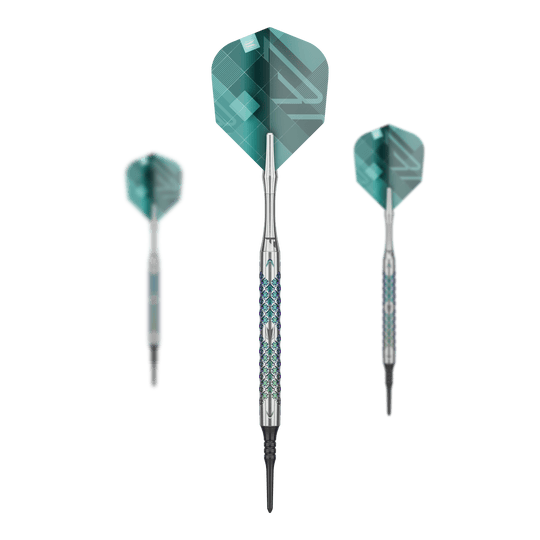 Target Rove 10 zachte darts Das Set Target Rove 10 Softdarts zeigt mehrere Darts zusammen. Die Produkte sind gleichmäßig angeordnet.