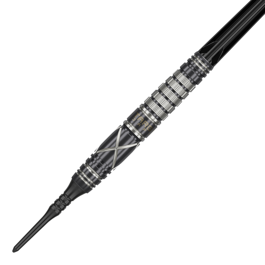 Target Japan Black Marque Chaos 2 Soft Darts - 19g Auf dem Bild ist ein Softdart der Marke "Target Japan Black Marque Chaos 2" mit 19g Gewicht zu sehen. Der Dartpfeil hat ein schwarzes Design mit silbernen Akzenten und einer geriffelten Griffzone.