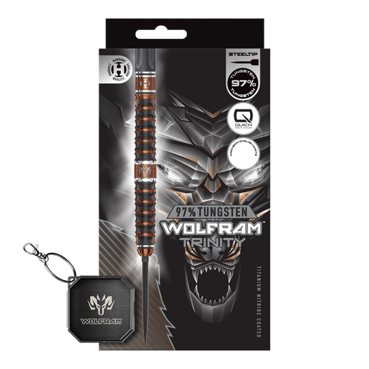 Zu sehen sind die Harrows Wolfram Trinity Quick Point Steeldarts. Sie eignen sich ideal für professionelle Dartspieler.