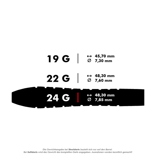 Das Bild zeigt unterschiedliche Gewichte und Maße von Steeldarts. Die 24-Gramm-Variante ist 48,30 mm lang und hat einen Durchmesser von 7,85 mm.