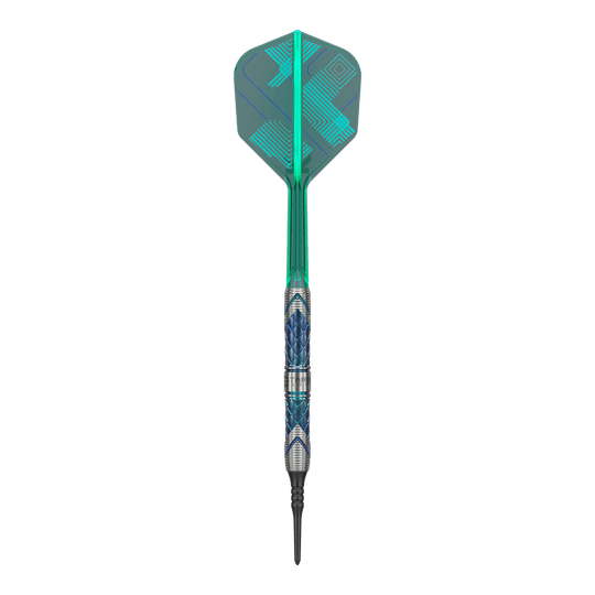 Das Bild zeigt einen Target Japan Kaze Series Ceros 03 Softdart mit einem Gewicht von 19 Gramm. Der Dart hat ein auffälliges Design mit blauen und silbernen Mustern sowie einer grünen Flight.