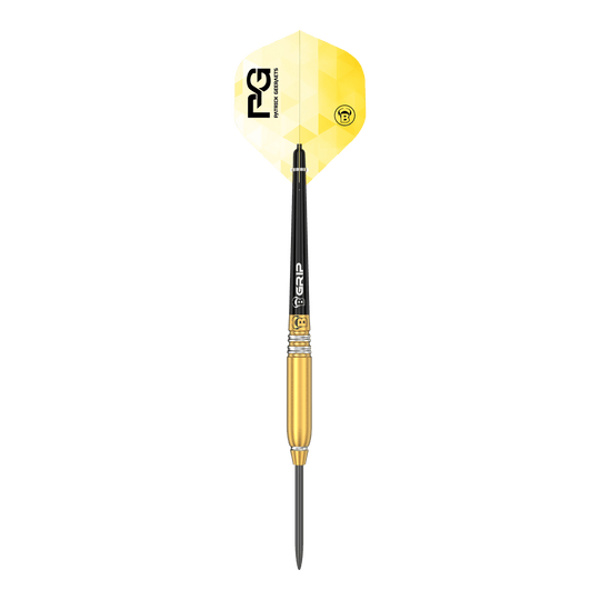 Das Bild zeigt einen Steeldart namens "Bulls Patrick Geeraets Steeldarts - 23g". Der Dartpfeil hat eine goldene Barrel, einen schwarzen Schaft und ein gelb-weißes Flight mit Logo.