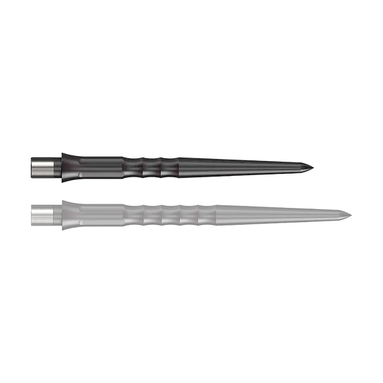 Das Bild zeigt zwei schwarze Steeldartspitzen mit gewellter Struktur. Sie sind lang, schmal und haben eine silberne Metallbasis.