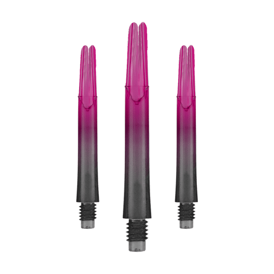 Das Bild zeigt drei pink-schwarze Dartschäfte in gerader Form. Sie stehen aufrecht nebeneinander und haben Gewinde am unteren Ende.