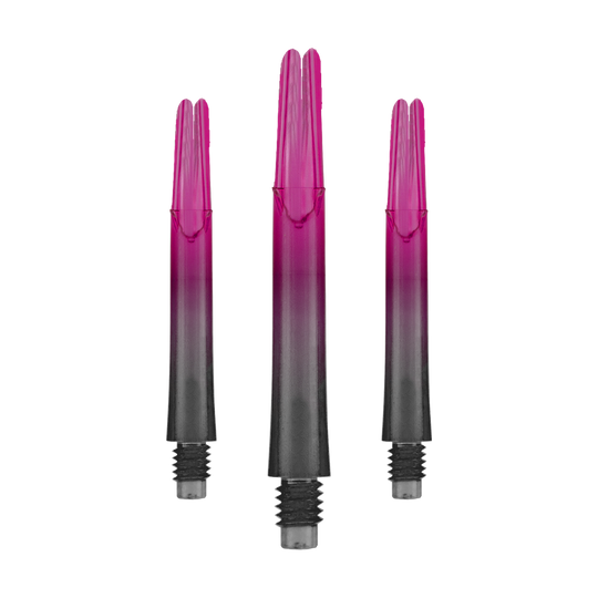 L-L-Style-Shaft Locked Straight Natural9 TwoTone Shafts - Roze Das Bild zeigt drei pink-schwarze Dartschäfte in gerader Form. Sie stehen aufrecht nebeneinander und haben Gewinde am unteren Ende.