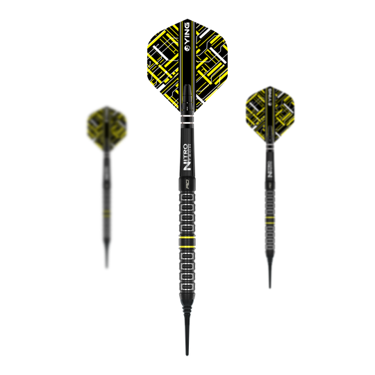 Red Dragon Astraeus Q4X Parallelle Softdarts - 20g Das Bild zeigt drei Softdarts des Modells "Red Dragon Astraeus Q4X Parallel" mit einem Gewicht von 20g. Die Darts haben ein auffälliges schwarz-gelbes Design mit geometrischem Muster auf den Flights.