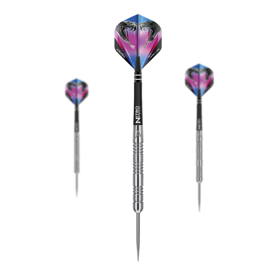 Red Dragon Peter Wright Snakebite Euro 11 steel darts Das Bild zeigt drei Steeldarts des Modells "Red Dragon Peter Wright Snakebite Euro 11". Die Flights der Darts sind farbenfroh gestaltet und zeigen zwei Schlangen.