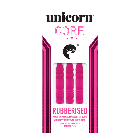 Unicorn Core Plus rubberen roze stalen darts Das Bild zeigt eine Packung mit drei pinken, gummierten Steeldarts der Marke Unicorn Core Plus. Die Darts haben geriffelte Griffe und werden in einer weiß-pinken Verpackung präsentiert.