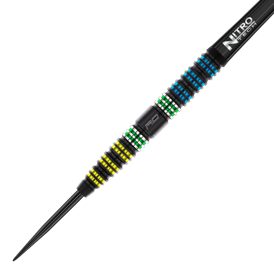 Red Dragon Dragonfly 95 Zwarte Taps Toelopende Stalen Darts Das Bild zeigt den Red Dragon Dragonfly 95 Black Tapered Steeldart. Der Dart hat farbige Ringe in Gelb, Grün und Blau sowie einen schwarzen Schaft mit der Aufschrift "Nitro Tech".