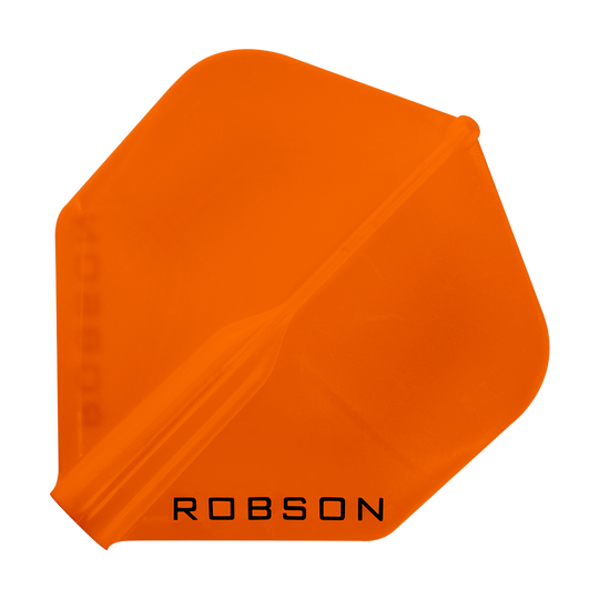 Robson Plus Standard Flights Das Bild zeigt ein orangefarbenes Dartflight mit der Aufschrift "ROBSON". Das Flight hat eine klassische, standardmäßige Form.