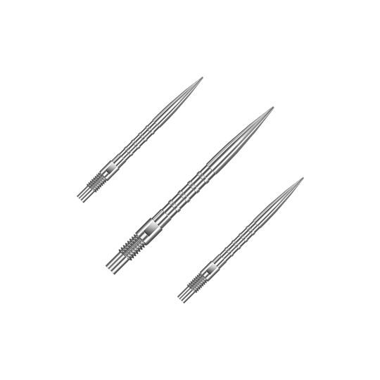 Harrows Quick Point Heavy Metal Dart Tips - Zilver Das Bild zeigt ein Set von Harrows Quick Point Heavy Metal Grip Dartspitzen in Silber mit 26mm Länge. Es sind mehrere Dartspitzen auf dem Bild abgebildet.
