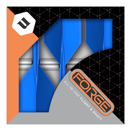 Dies ist eine Verpackung der „Unicorn Forge All In One Plus No2 Standard Flights Blau - Medium“. In der Schachtel befinden sich blaue Dart-Flights mit integriertem Schaft.
