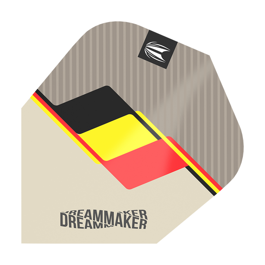 TG78_336510_Target_Pro_Ultra_Dimitri_Van_Den_Bergh_2022_Ten-X_Flights_1 Auf dem Bild ist ein Dart-Flight des Produkts "Target Pro Ultra Dimitri Van Den Bergh TenX" zu sehen. Das Design zeigt die Farben der belgischen Flagge und das Wort "DREAMMAKER".