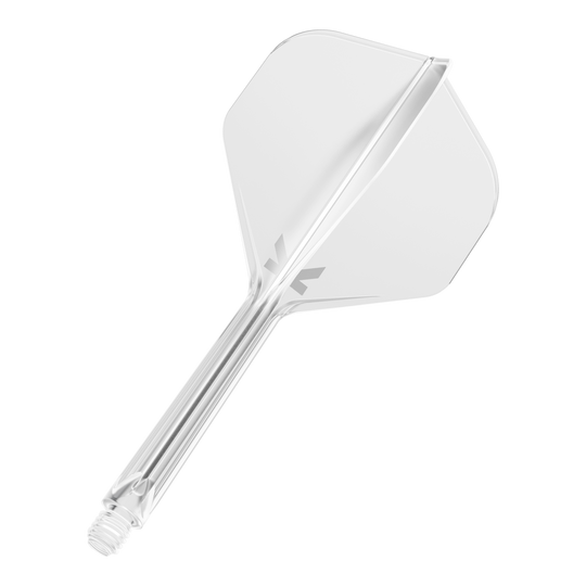 Target K-Flex No2 Standaard Vluchtsysteem - Helder Das Bild zeigt einen klaren Dart-Flight mit integriertem Schaft. Das Design ist schlicht und durchsichtig, mit einem kleinen grauen Logo auf dem Flight.
