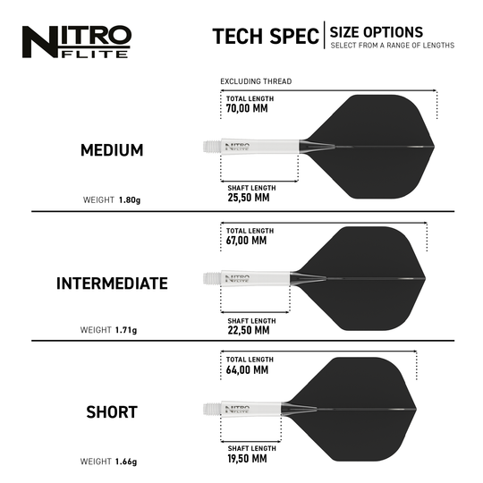 Red Dragon Nitroflite - Witte Schacht Zwarte No2 Vluchten Das Bild zeigt die technischen Spezifikationen und Größenoptionen für das Produkt "Red Dragon Nitroflite - White Shaft Black No2 Flights". Es werden drei Längen (Medium, Intermediate, Short) mit jeweiligen Maßen und Gewichten dargestellt.
