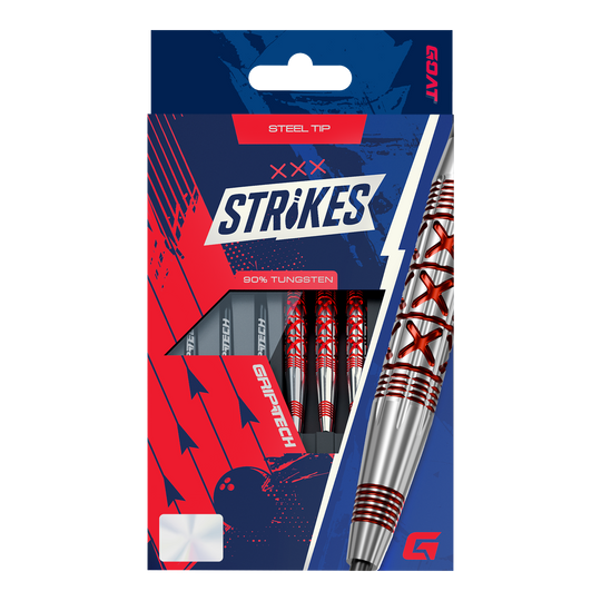 GOAT slaat met stalen dartpijlen Hier ist das Produkt GOAT Strikes Steeldarts abgebildet. Die Steeldarts sind hochwertig verarbeitet und für Dartspieler geeignet.