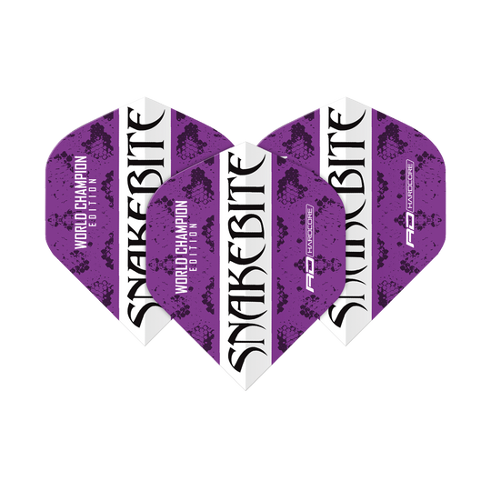 Das Bild zeigt drei Dart-Flights in Lila und Weiß mit der Aufschrift „Snakebite“ und „World Champion Edition“. Die Flights sind ein Produkt von Red Dragon und heißen „Peter Wright World Champion Purple White Flights“.