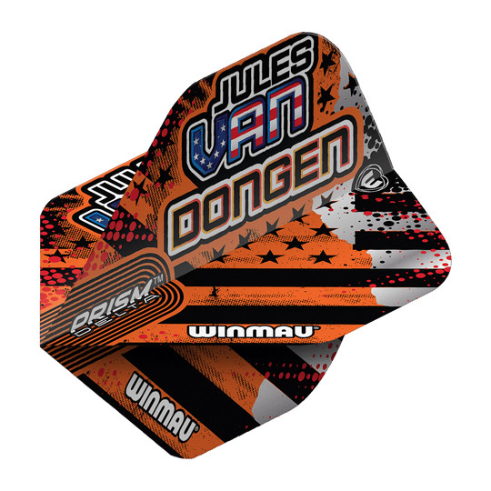 Winmau Prism Delta Jules Van Dongen Standaardvluchten Das Bild zeigt die Winmau Prism Delta Jules Van Dongen Standard Flights. Die Flights haben ein auffälliges Design mit orangenen, schwarzen und weißen Farben sowie dem Namen "Jules Van Dongen" aufgedruckt.