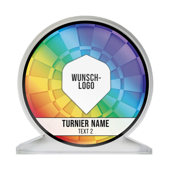ACP-RB_Acrylglas_Pokal_mit_Wunschdruck_Logo_Rainbow_1 Das Bild zeigt einen runden Acrylglas-Pokal mit einem bunten Regenbogen-Design. In der Mitte steht "WUNSCH-LOGO" und darunter sind Platzhalter für "TURNIER NAME" und "TEXT 2" vorgesehen.