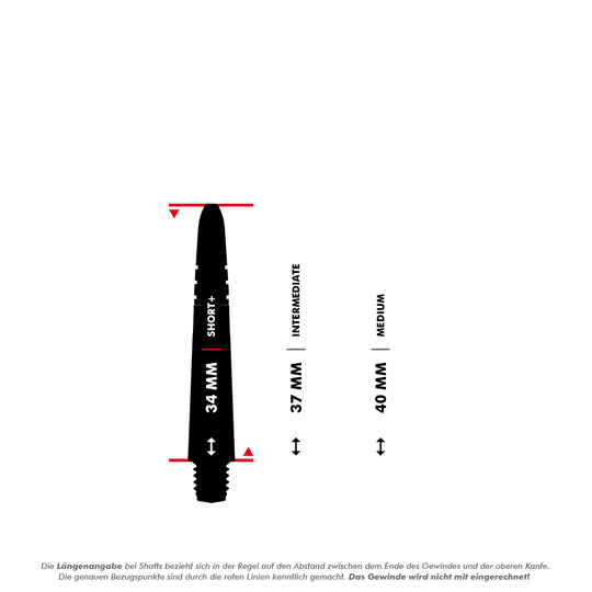 7025_Winmau_Vecta_Shafts_5_34mmsbv1oQn5SNj8o Das Bild zeigt die verschiedenen Längen der Winmau Vecta Shafts in Grün mit einer Messanleitung. Die Größen sind 34 mm (Short+), 37 mm (Intermediate) und 40 mm (Medium), wobei das Gewinde nicht mitgerechnet wird.