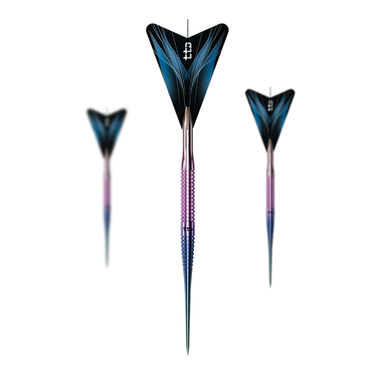 Caliburn TTD Complete Titanium T3 Rainbow stalen dartpijlen - 7 g Caliburn TTD Complete Titanium T3 Rainbow Steeldarts - 7g. Gezeigt wird ein Set aus bunten Steeldartpfeilen aus Titan.