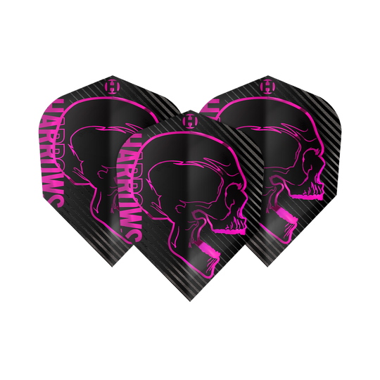 Harrows Rage Roze nr. 6 vluchten Das Bild zeigt drei schwarze Dartflights mit einem auffälligen pinken Totenkopf-Design. Auf den Flights steht seitlich in pink der Schriftzug "Harrows".