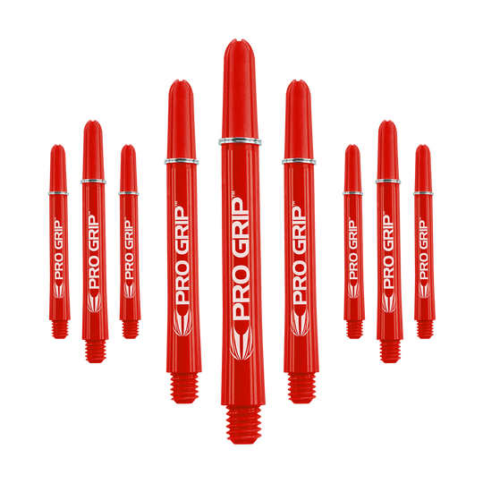 Das Bild zeigt neun rote Dartschäfte mit der Aufschrift "PRO GRIP". Sie sind in drei Gruppen zu je drei Schäften angeordnet.